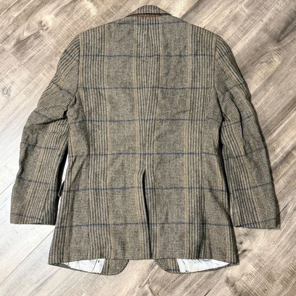 Lands End Charter Collection Mens Brown Plaid Wool Tweed Blazer Sport Coat USA